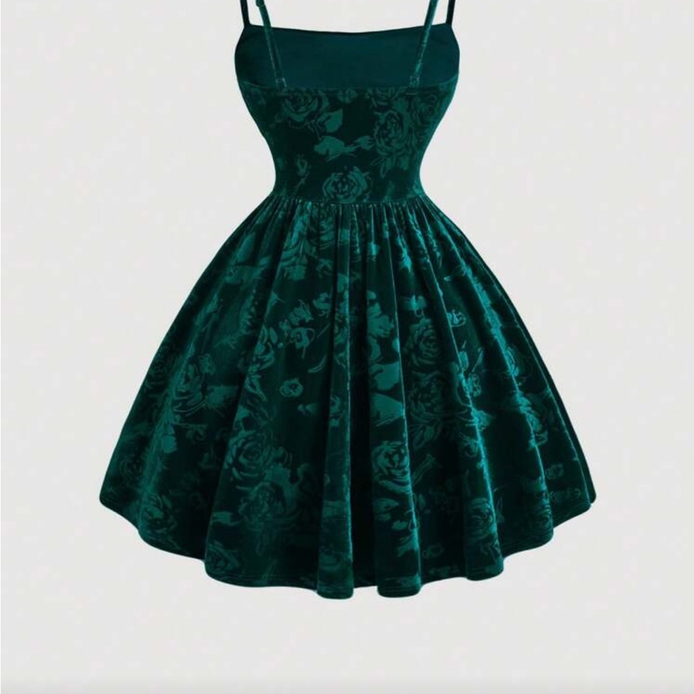 Green Velvet Floral Fit-and-Flare Dress with Corset Bodice - Picture 2 of 3